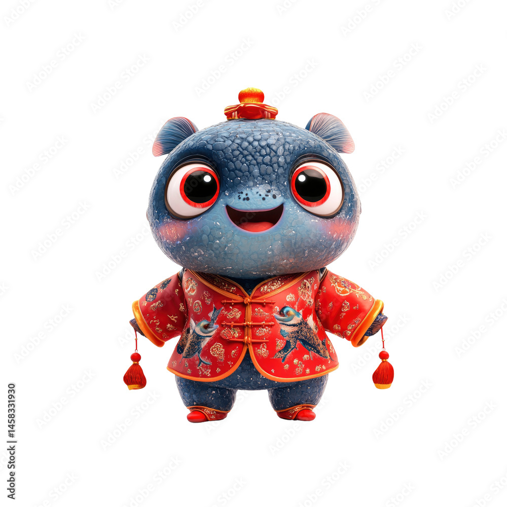 Adorable 3D Render of a Blue Creature in Traditional Chinese Clothing for Lunar New Year