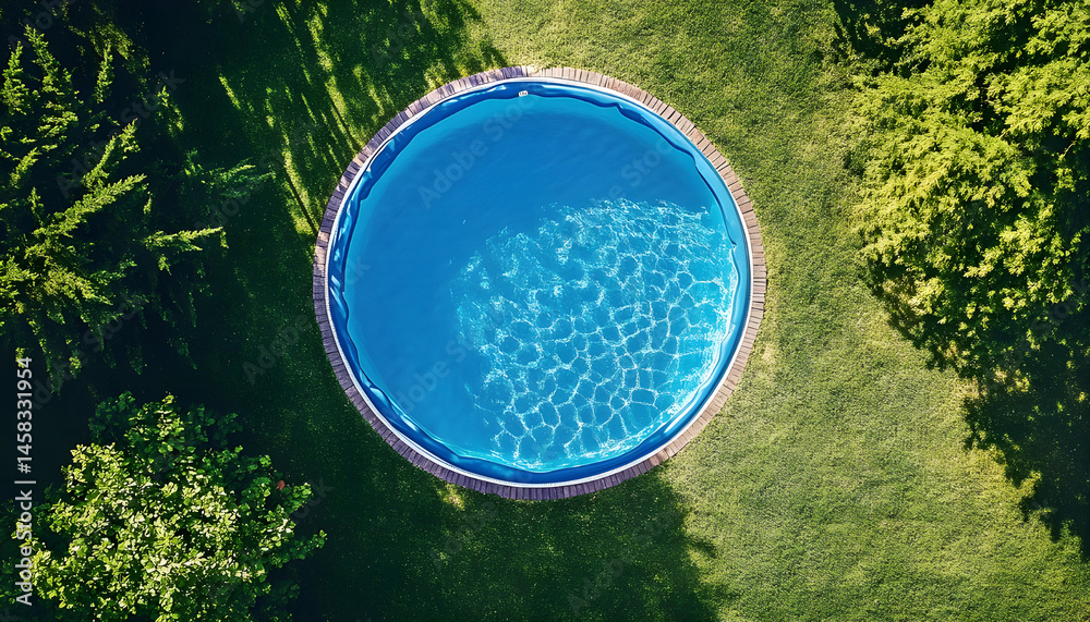 Above ground swimming pool on grass in backyard