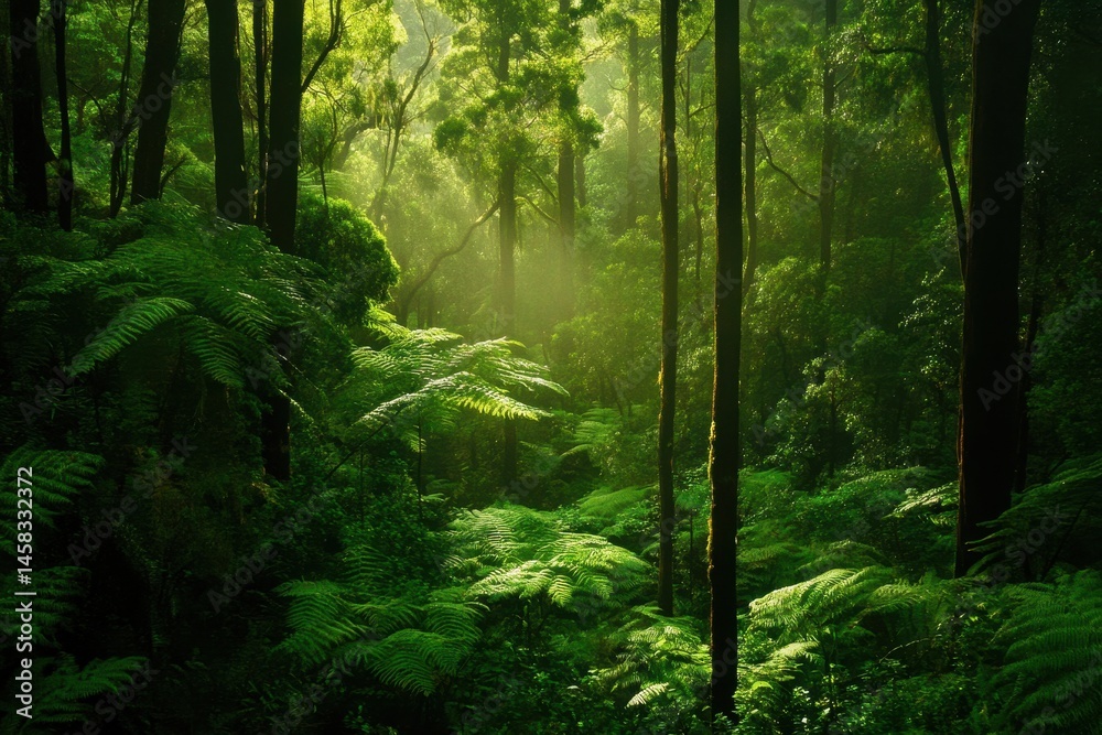 Fototapeta premium Lush green rainforest vegetation in Tasmania showcases the beauty of Australia's natural landscape, Australian rainforest green vegetation Tasmania nature landscape