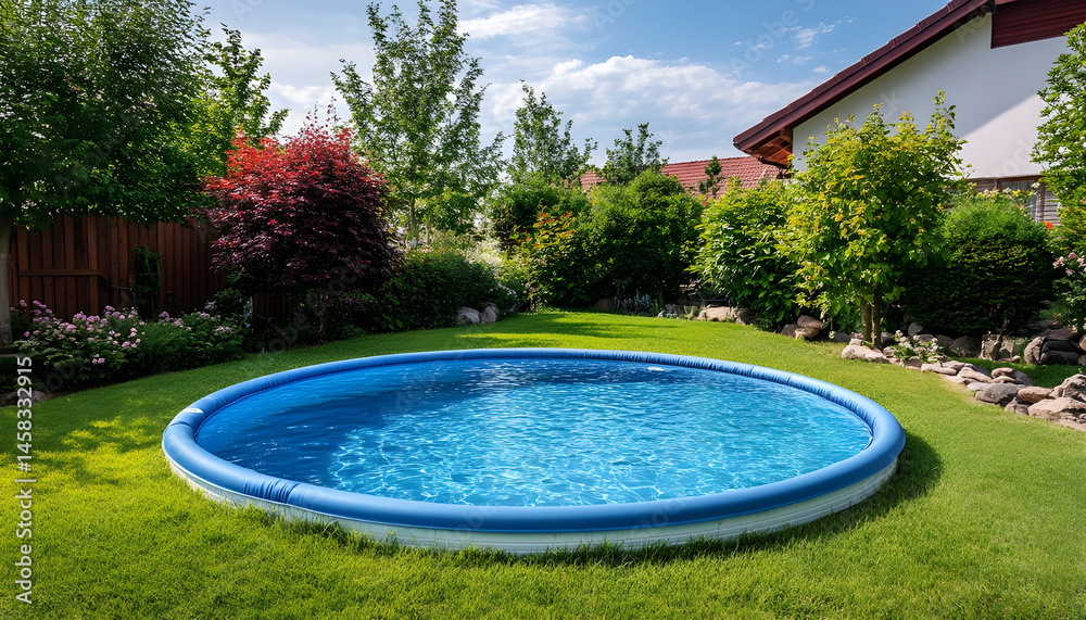 Above ground swimming pool on grass in backyard