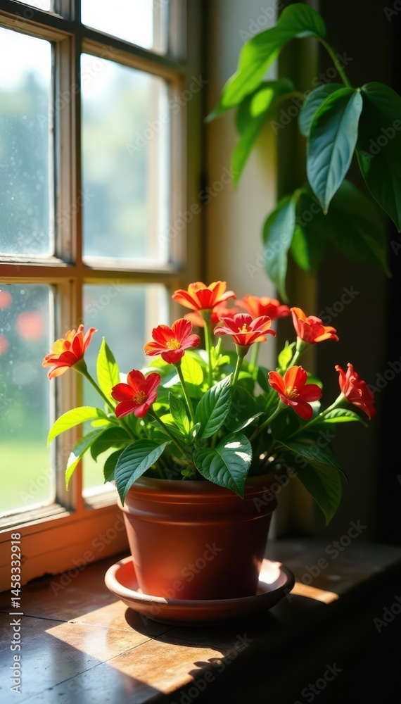 Fototapeta premium Sun-drenched windowsill, vibrant blooms in vintage pot, leaves, beauty