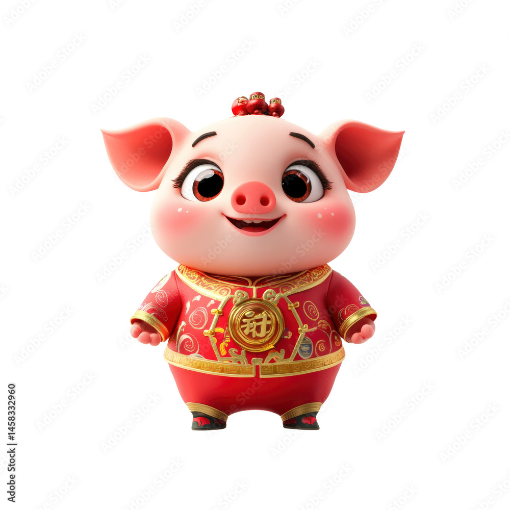 Adorable 3D Render of a Pig in Traditional Chinese New Year Clothing