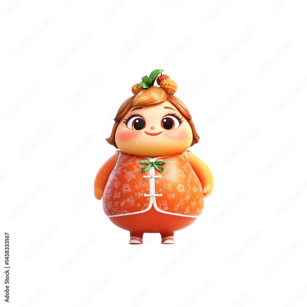 Adorable 3D Render of a Cute Orange-Themed Cartoon Girl in Traditional Chinese Clothing