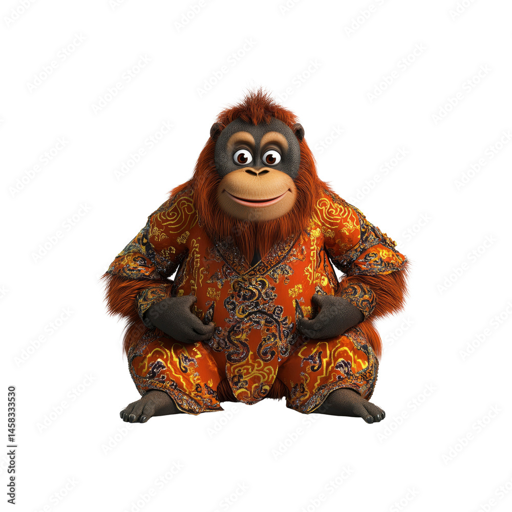 Cheerful Orangutan in Traditional Asian Clothing