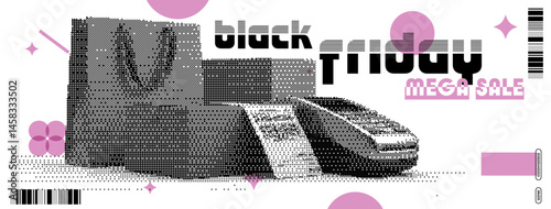 Black Friday mega sale advertisement featuring y2k vector art with bold typography and abstract shapes