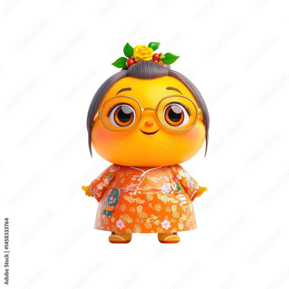 Adorable 3D Render of a Cheerful Cartoon Grandma in Traditional Asian Clothing