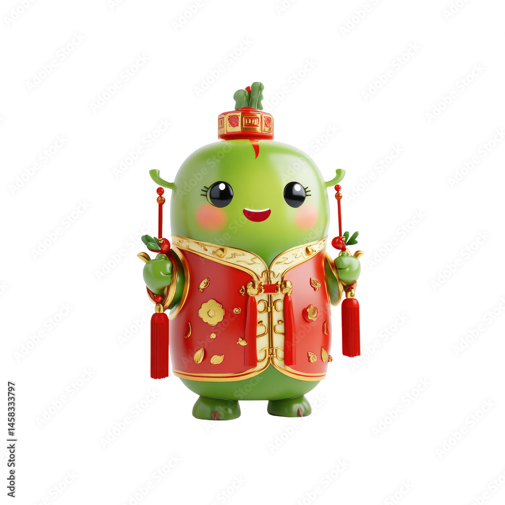 Adorable 3D Cartoon Character in Traditional Chinese New Year Clothing
