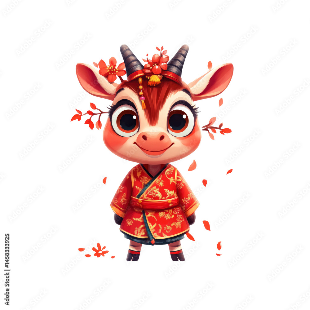Adorable Cartoon Goat in Traditional Chinese Clothing with Cherry Blossoms