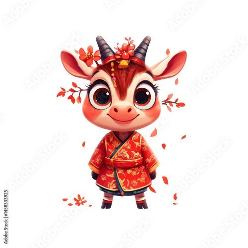 Obraz na płótnie Adorable Cartoon Goat in Traditional Chinese Clothing with Cherry Blossoms w salonie