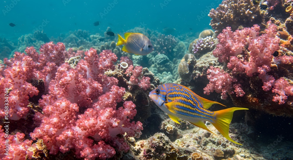 Naklejka premium Vibrant Coral Reef Ecosystem with Yellow and Blue Striped Fish