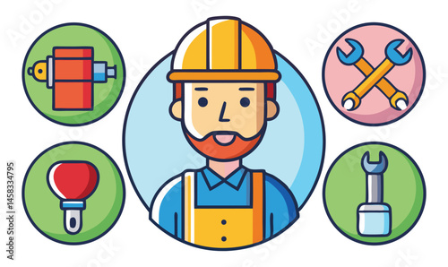 Cartoon Mechanic with Tools Illustration – Labour Day Engineering Vector Icon Set