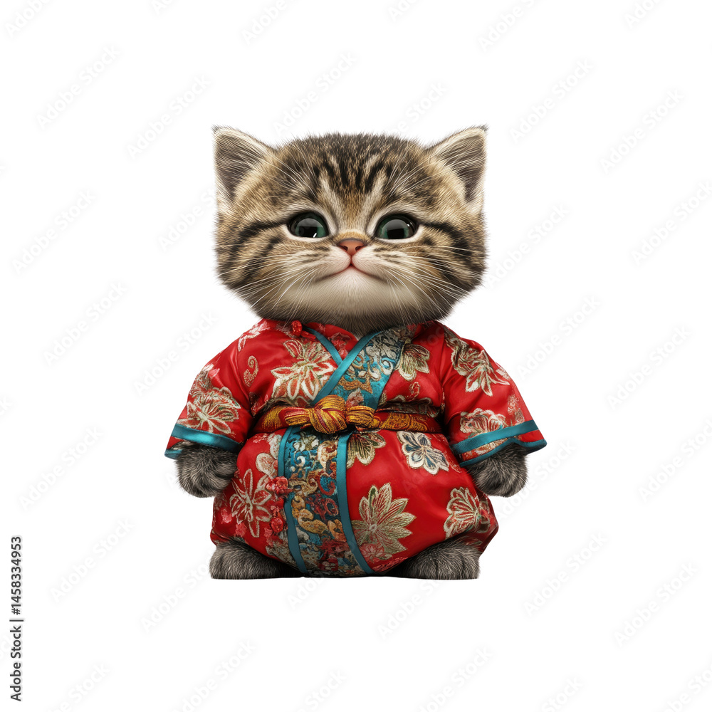 Adorable Kitten in Traditional Asian Kimono