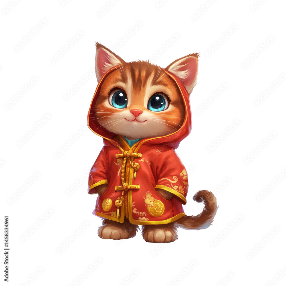 Adorable Kitten in Traditional Chinese Red Coat