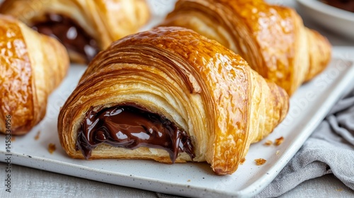 Closeup of golden flaky croissant bursting open with rich melted chocolate oozing filling