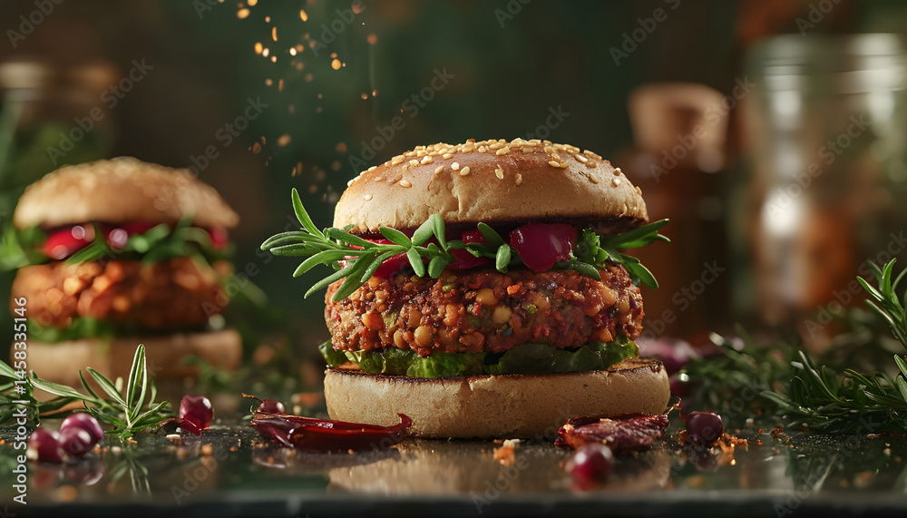 Delicious vegetarian burger on mirror surface against olive background