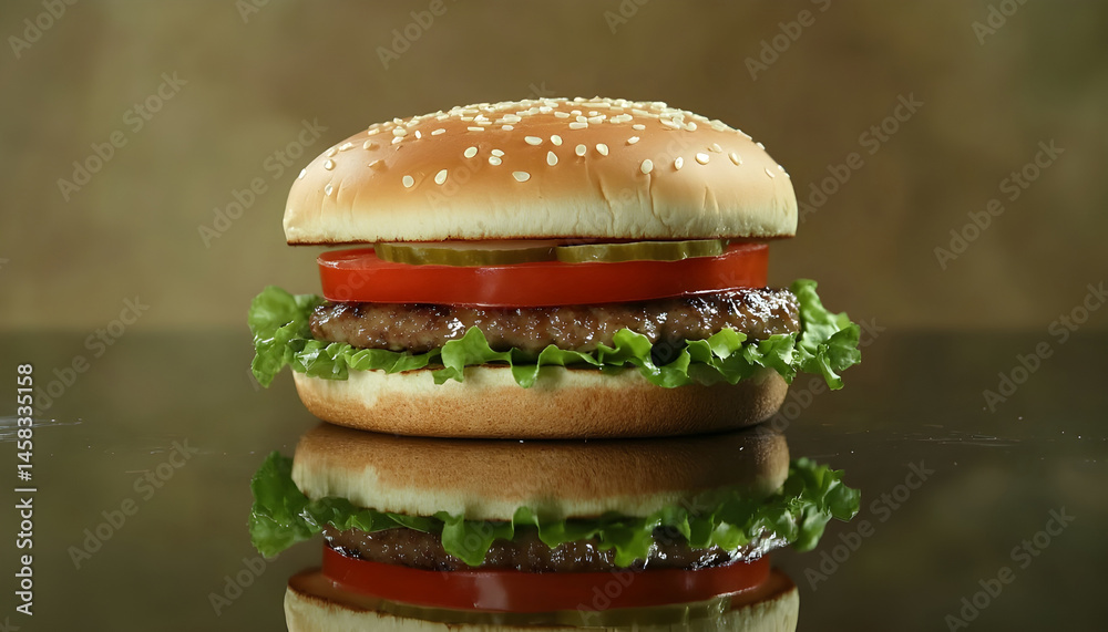 Delicious vegetarian burger on mirror surface against olive background