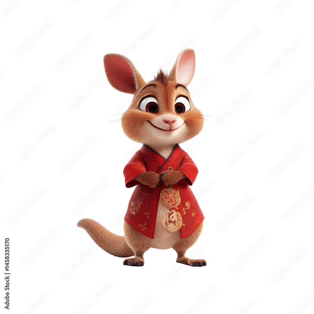 Adorable 3D Animated Rabbit in Traditional Chinese Clothing Holding Lucky Charms