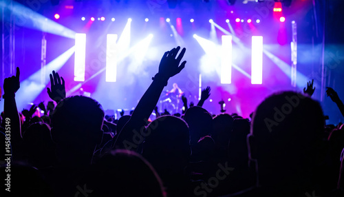 Crowd at vibrant music concert with raised hands, illuminated by colorful stage lights. atmosphere is electric, filled with excitement and energy as attendees enjoy performance