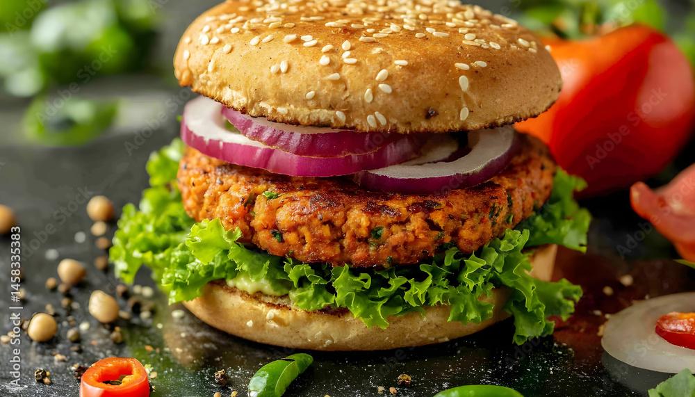 Delicious vegetarian burger on mirror surface against olive background