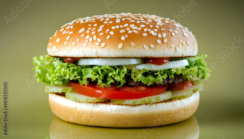 Delicious vegetarian burger on mirror surface against olive background