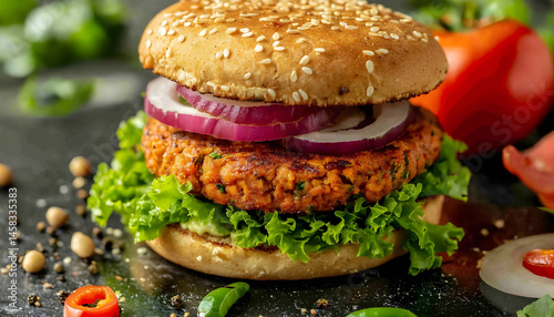 Obraz na płótnie Delicious vegetarian burger on mirror surface against olive background w salonie