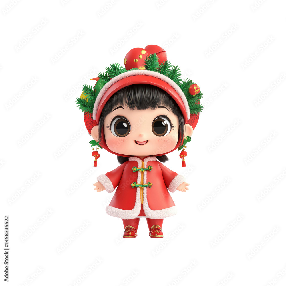 Adorable 3D Render of a Chinese New Year Girl in Festive Attire