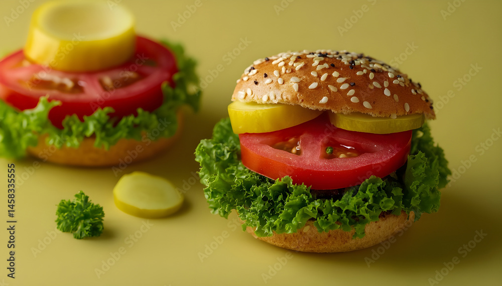 Delicious vegetarian burger on mirror surface against olive background