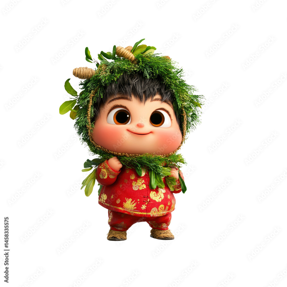 Adorable Cartoon Baby in Festive Chinese Outfit and Green Headwear