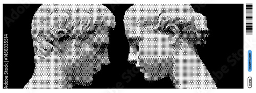 Vector illustration of two classical sculptures in y2k style, highlighting details of their faces and hairstyle
