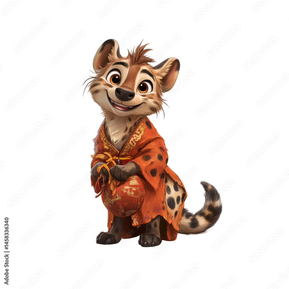 Adorable Animated Hyena in Traditional Asian Clothing Holding a Lantern
