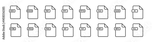 File type icon set. Popular files format and document in flat style design. Format and extension of documents. 