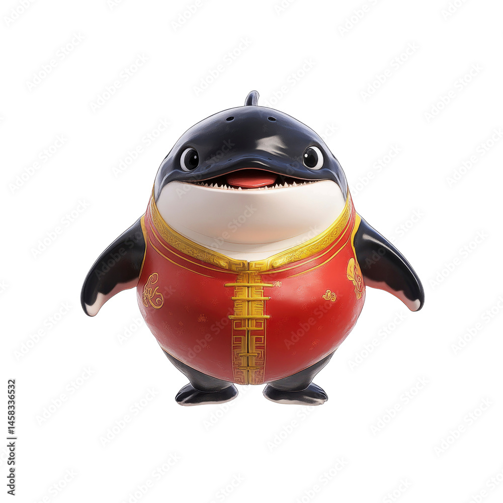 Adorable Cartoon Orca Whale in Traditional Chinese Clothing for Lunar New Year
