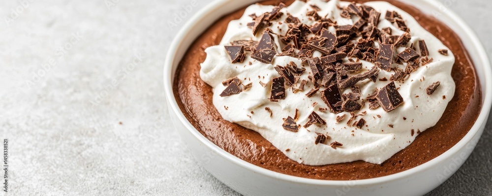 Detailed Closeup of Rich Chocolate Mousse with Whipped Cream and Shaved Chocolate Garnish in Delicious Gourmet Presentation Detailed Closeup of Rich Chocolate Mousse with Whipped Cream and Shaved Chocolate Garnish in Delicious Gourmet Presentation
