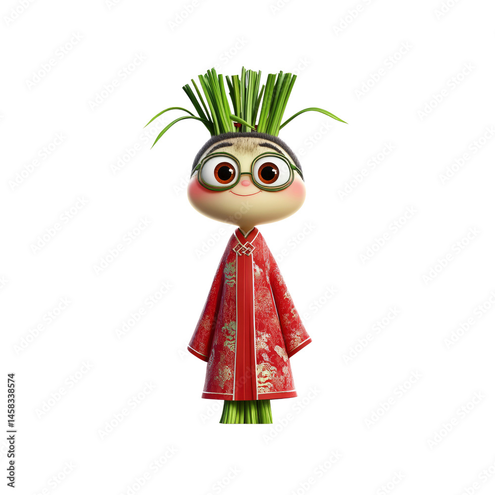 Adorable Animated Scallion Character in Traditional Chinese Clothing