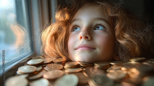 A girl with curly hair gazes dreamily out a window, her head resting on a pile of coins