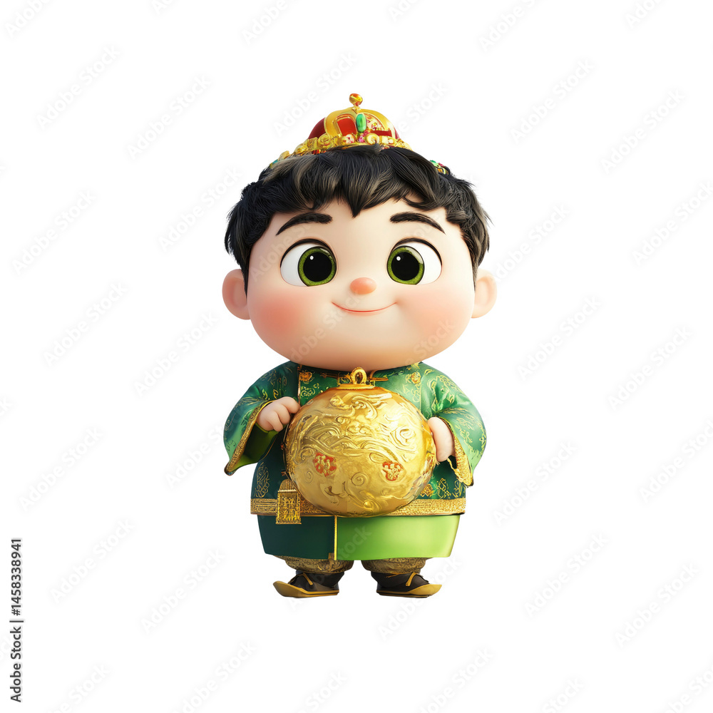 Adorable 3D Render of a Young Emperor Holding a Golden Orb