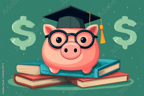 Piggy bank with graduation cap and books representing education saving and financial planning