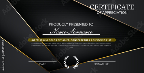 creative certificate of appreciation best award template with black golden list overlap background, Use for print, certificate, diploma, graduation eps10 vector template