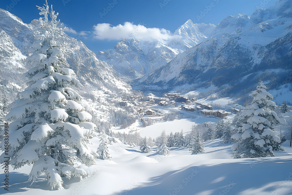 Obraz premium Winter Wonderland in Alpine Village with Snow-Covered Mountains for Scenic Photography