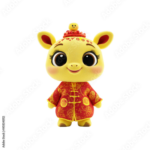 Adorable Yellow Calf in Traditional Chinese Clothing for Lunar New Year