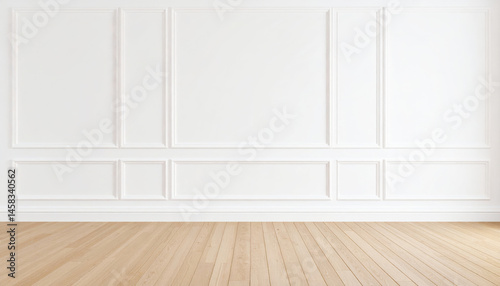 Minimalist white wainscoting design with smooth wooden flooring creates serene and elegant atmosphere, perfect for modern interiors and stylish decor