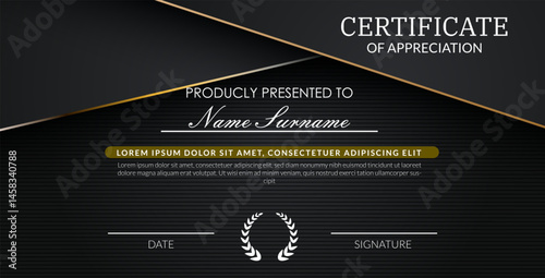 creative certificate of appreciation best award template with black golden list overlap background, Use for print, certificate, diploma, graduation eps10 vector template