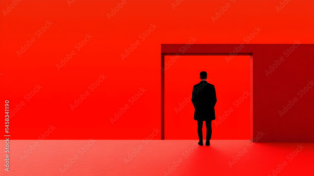 Obraz premium Contemplative Silhouette at Doorway Against Vibrant Red Background