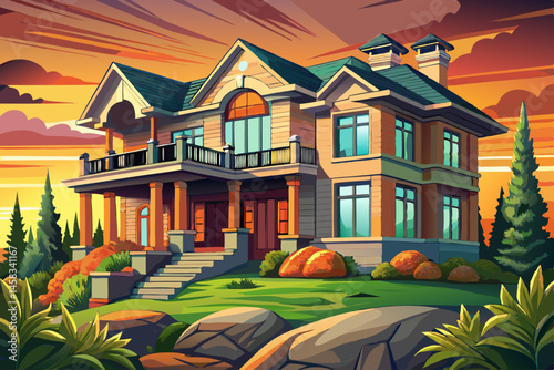 luxury home exterior featuring a spacious balcony, manicured green lawn, and warm sunset lighting. Ideal for real estate, architecture design, dream homes, and residential lifestyle vector