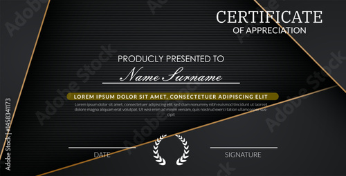 creative certificate of appreciation best award template with black golden list overlap background, Use for print, certificate, diploma, graduation eps10 vector template