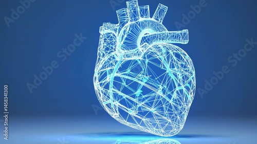 Rotating Anatomical Human Heart 3D Model Maade of Plexus Blue Glowing Lines on Pure Blue Background 