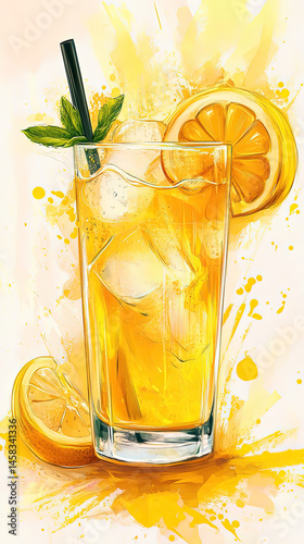 Splash of lemon drink in a glass with lemon