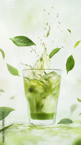 Splash of matcha drink in a glass with leaves
