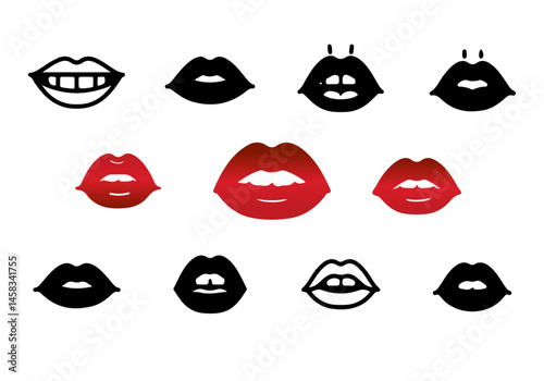 Eleven stylized lip icons in black and red with varying designs