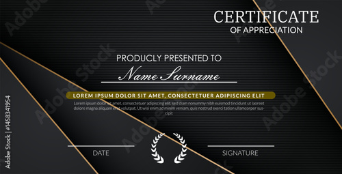 creative certificate of appreciation best award template with black golden list overlap background, Use for print, certificate, diploma, graduation eps10 vector template